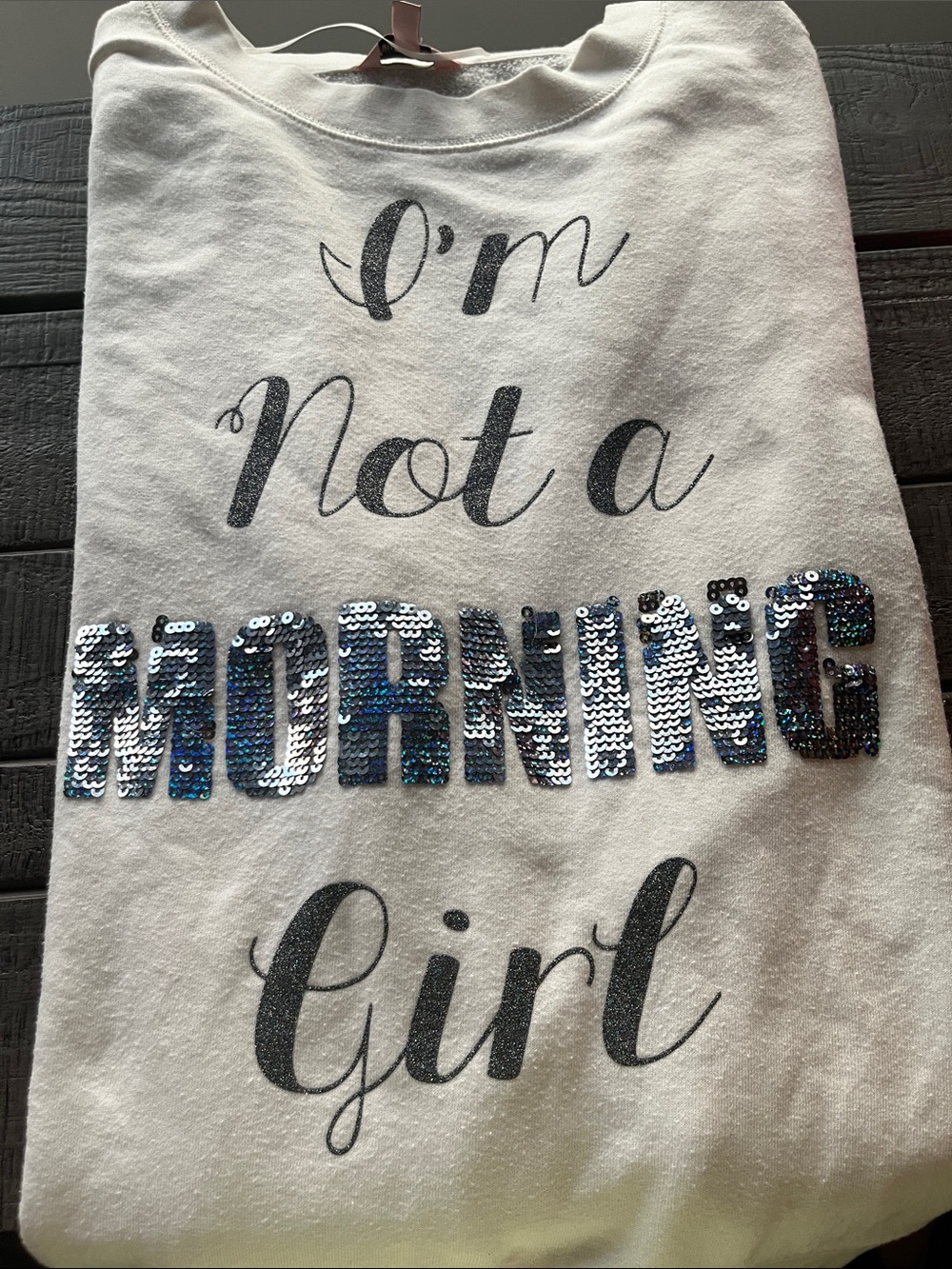 Juicy ‘I'm Not a Morning Girl' White Sequin Graphic long sleeve Top